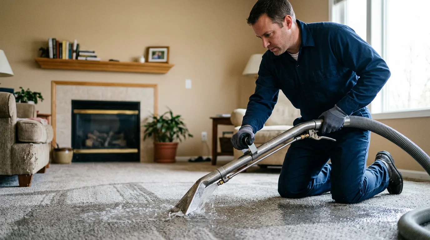 Water damage restoration technician working near New Castle, IN